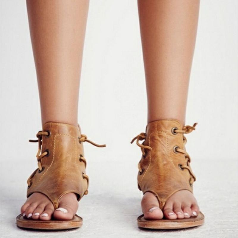 Lace Up Thong Back Zipper Women Flat Beach Sandals with Plus Size