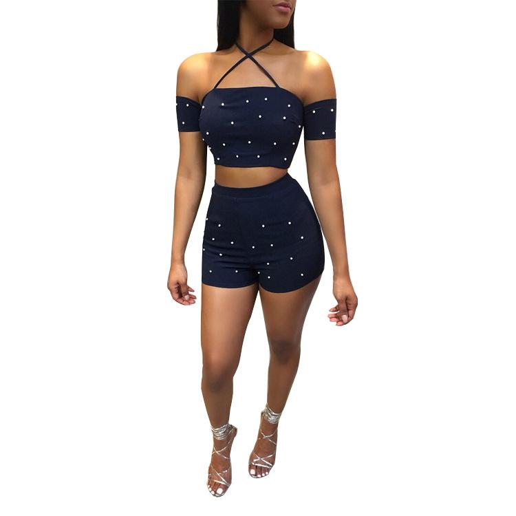 Beadings Off Shoulder Crop Top with High Waist Shorts Two Pieces Set