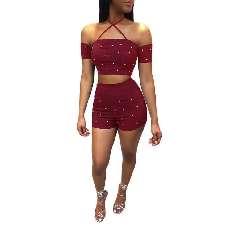 Beadings Off Shoulder Crop Top with High Waist Shorts Two Pieces Set