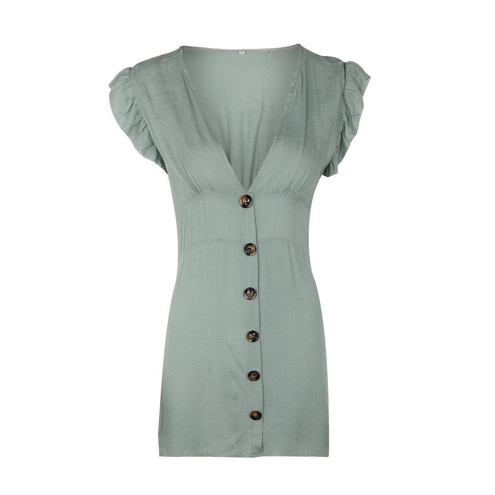 Deep V-neck Buttons Women Short Dress