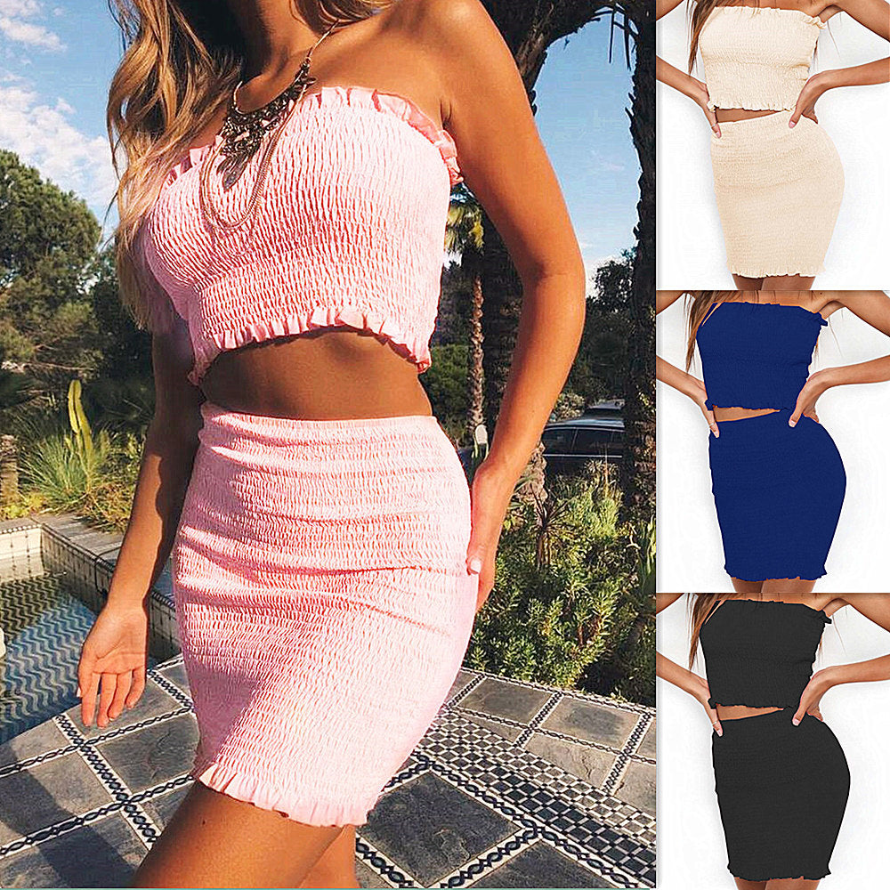 Candy Color Strapless Crop Top with High Waist Bodycon Short Skirt Women Two Pieces Dress Set