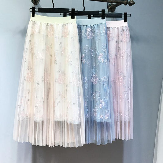 Embroidery Floral Pleated Lace High Waist Loose Long Skirt