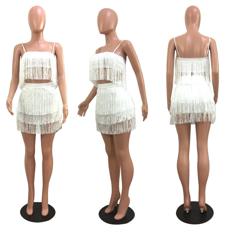 Tassels Spaghetti Straps with High Waist Short Skirt Women Two Pieces Dress Set