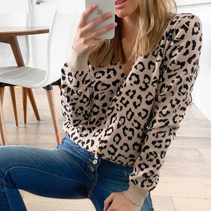 Slim Leopard V Neck Knitted Top