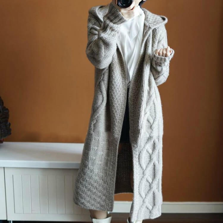 Cable Knitted Long Hooded Thick Cardigan