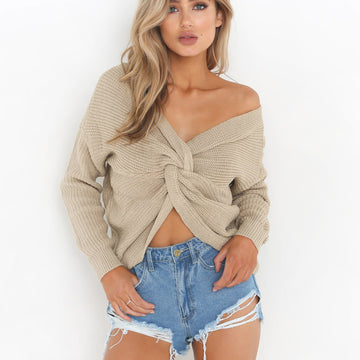 V-neck Pure Color Long Sleeves Knit Wear Sweater