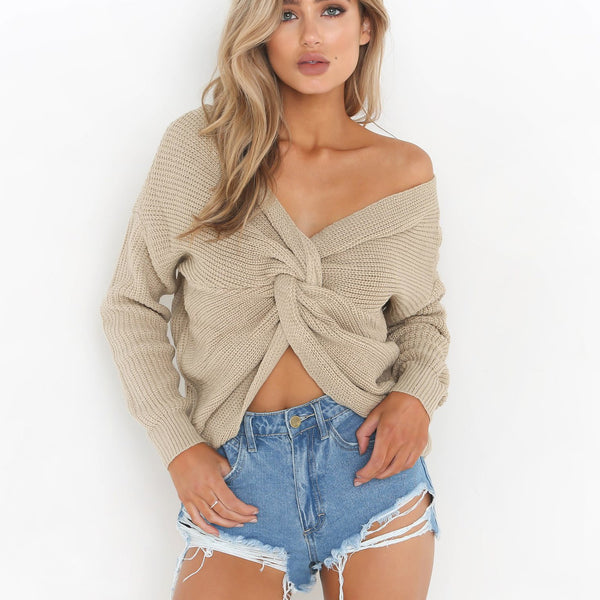 V-neck Pure Color Long Sleeves Knit Wear Sweater
