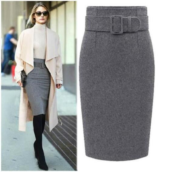 Fashion Belt Buckle Pure Color Cotton Pencil Skirt