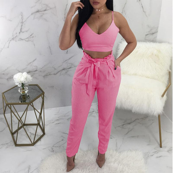 Bow Spaghetti Straps Crop Top High Waist Pencil Long Pants Two Pieces ...