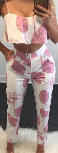 Strap Crop Top 9/10 Pant Flower Print Two Pieces Set
