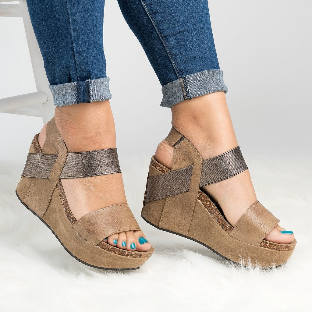 Retro Open Toe Ankle Wrap Platform Women Wedge Sandals with Plus Size