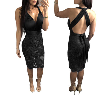 Deep V-neck Backless Straps Cross Women Lace Knee-length Dress