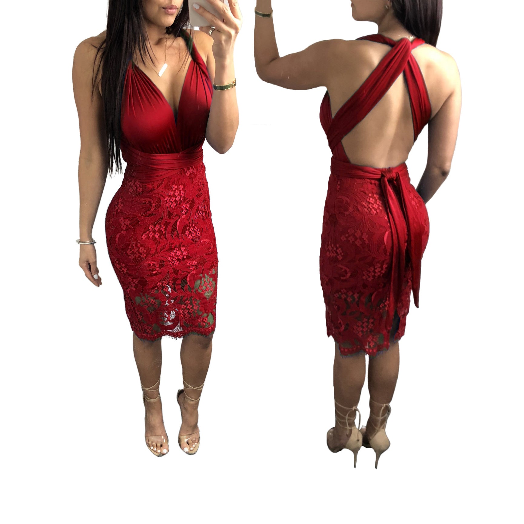 Deep V-neck Backless Straps Cross Women Lace Knee-length Dress