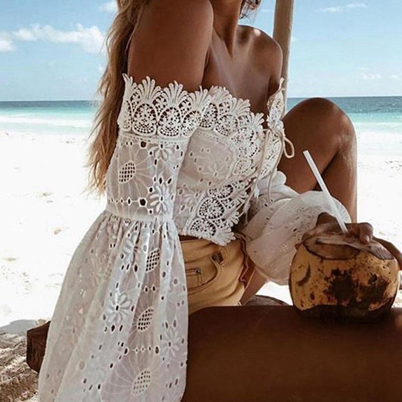 Off Shoulder Lace Hollow Out Long Lantern Sleeves Crop Top
