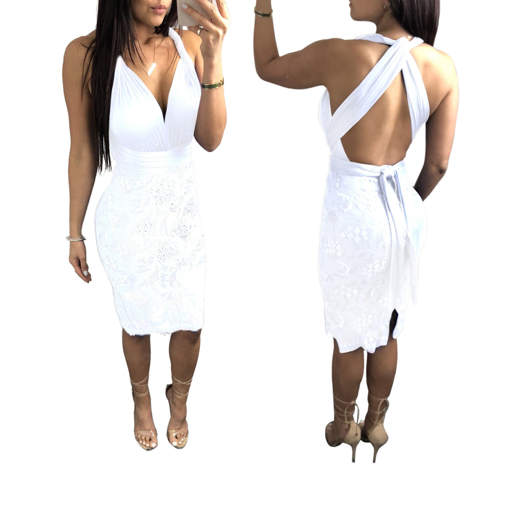 Deep V-neck Backless Straps Cross Women Lace Knee-length Dress