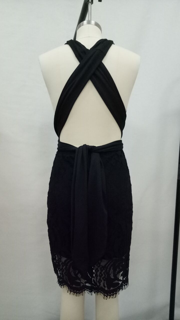 Deep V-neck Backless Straps Cross Women Lace Knee-length Dress