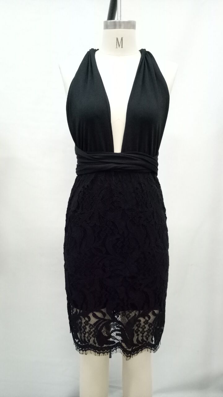 Deep V-neck Backless Straps Cross Women Lace Knee-length Dress