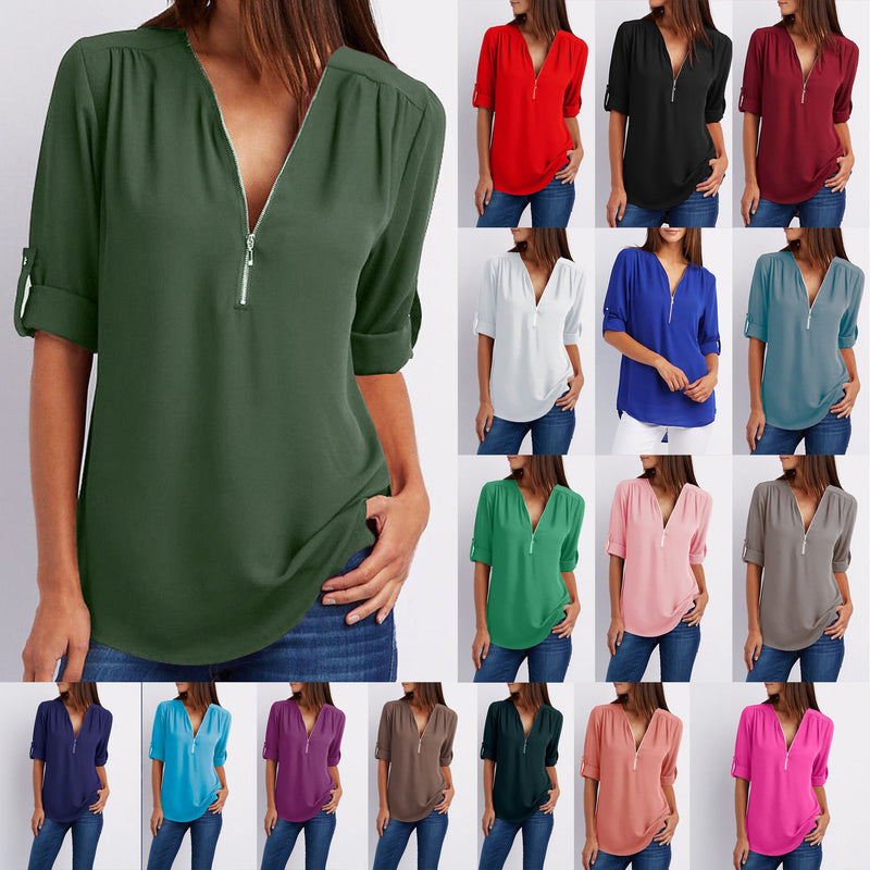 V-neck Candy Color Front Zipper Long Sleeves Loose Blouse – May Your ...