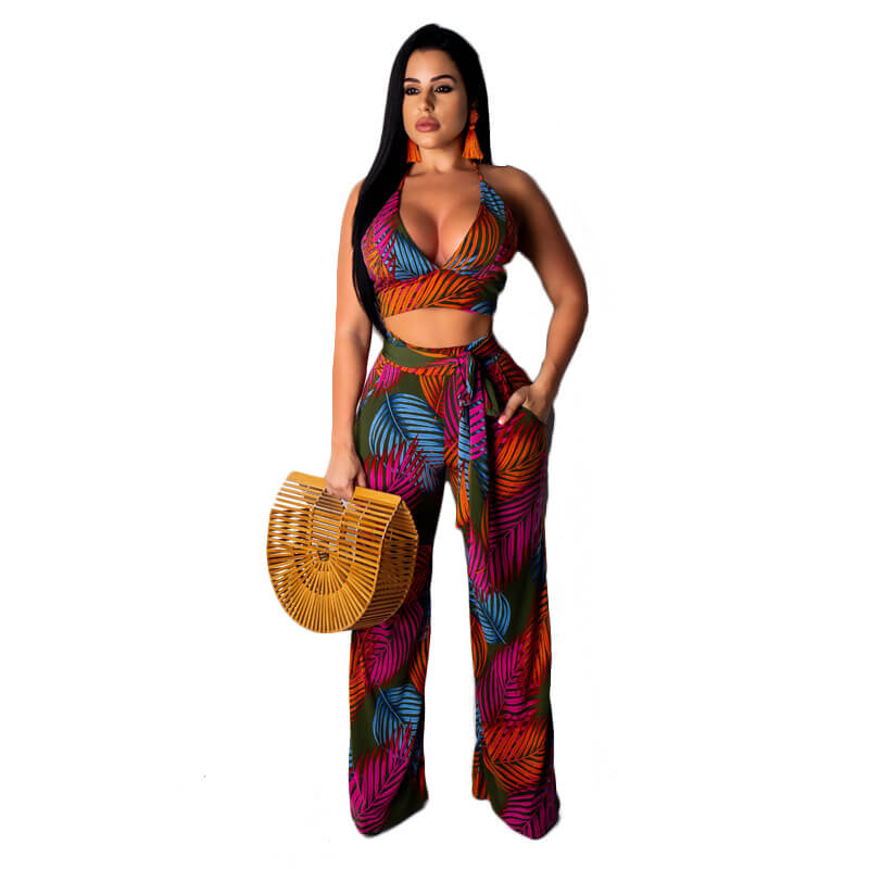 Spaghetti Straps Crop Top Flower Print Pencil Pants Set