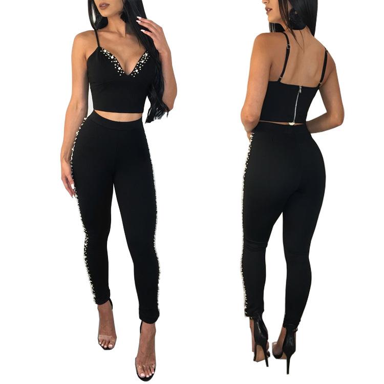 Beadings Spaghetti Straps Crop Top Long High Waist Skinny Two Pieces Outfits