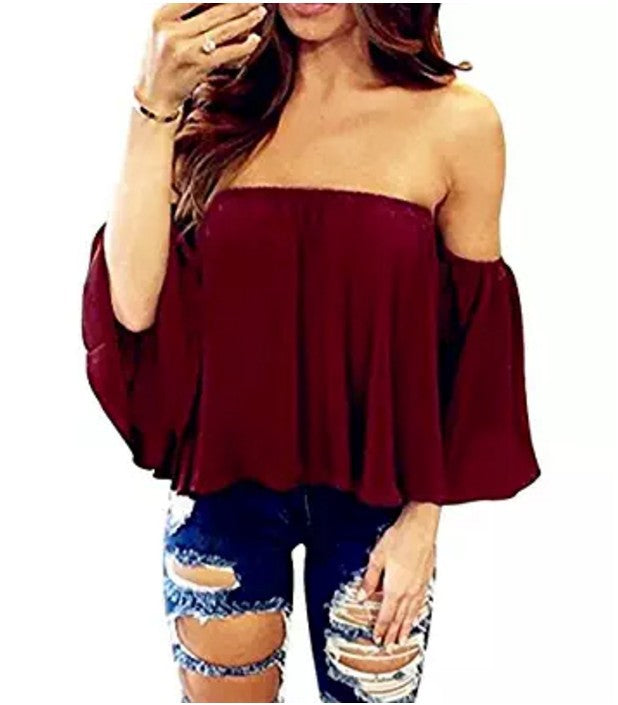 Sexy Off Shoulder Long Sleeve Chiffon Loose Blouse（Enlarging code）