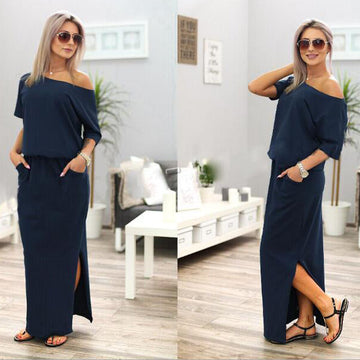 One Shoulder Side Open Pockets Loose Long Dress