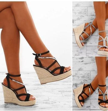 Free Shipping Clearence Women Wedge Sandals Simple Style Straps Slope Heel Pure Color Peep-toe Ankle Strap