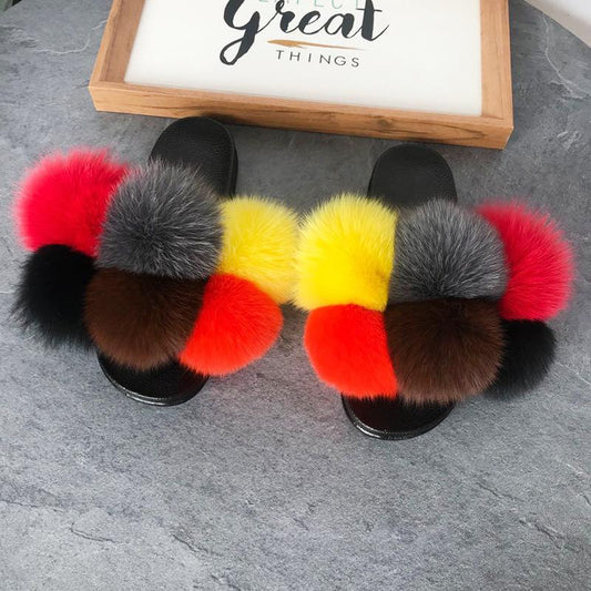 Color Matching Large Fur Real Natural Fox Fur Slides Colorful Fluffy Fur Slides Sandals Slippers Fashion Women Shoes