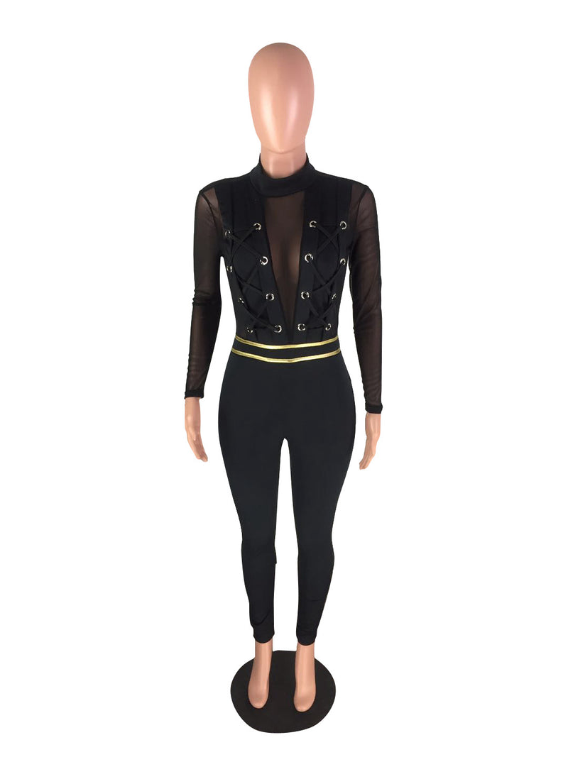 Transparent Lace Long Sleeves High Waist Long Jumpsuits