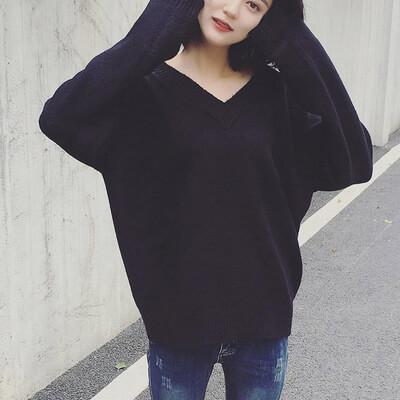 Long Sleeves Pure Color V-Neck Loose Sweater