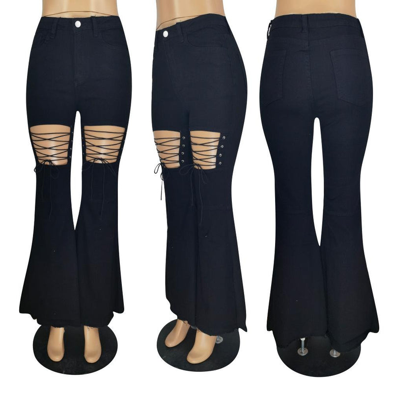 Solid Color Casual Wash Bandage Denim Flared Pants