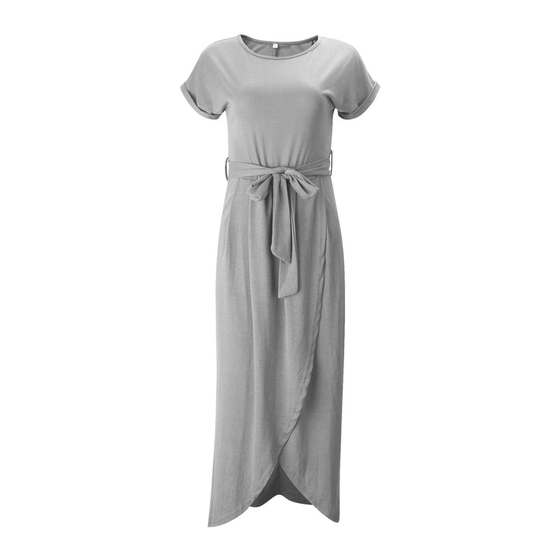Pure Color Irregular Straps Belt Long Dress