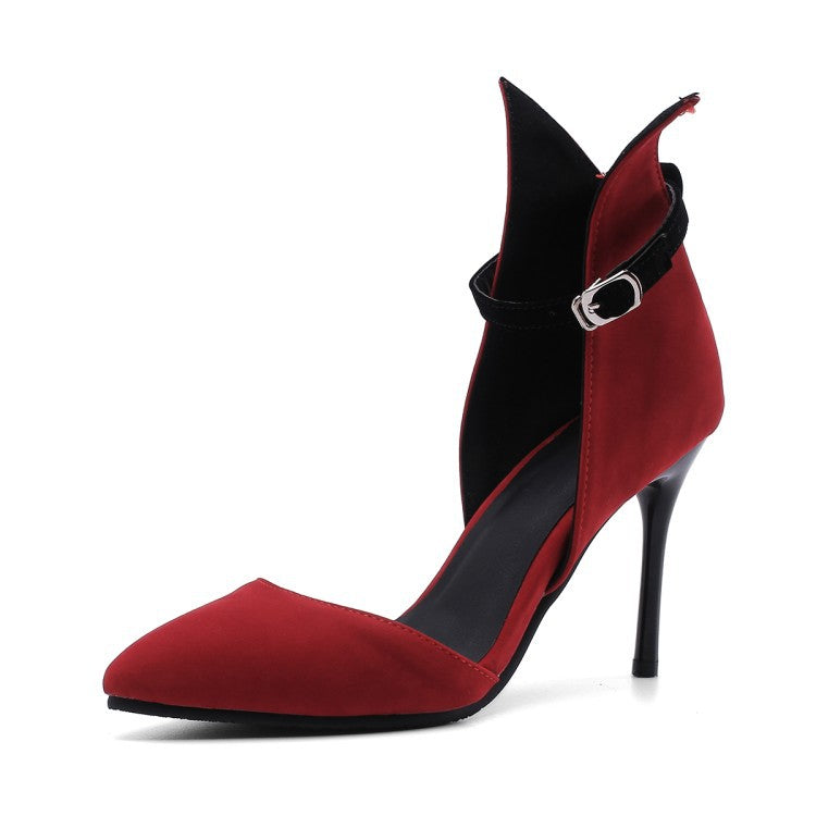 Color Block Pointed Toe Ankle Wrap Stiletto High Heels