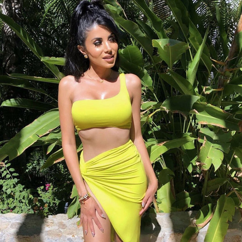 Bandage Crop Top with Irregular Long Skirt Club Dress Set