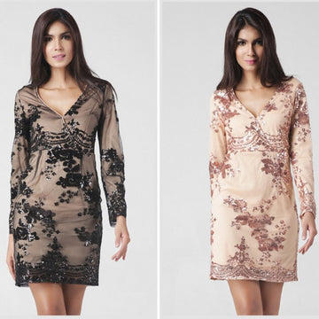 Fashion Long-Sleeved V-Neck Sequined Dress