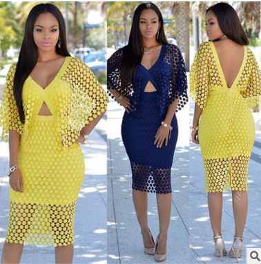 V-neck Lace Hollow Out Backless Mid-Calf Club Dress