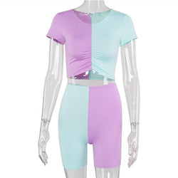 Sexy Color Block Short Sleeve Bodycon Two Pieces Set
