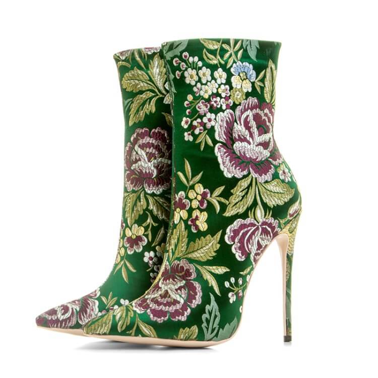 Flower Print Bright Color Pointed Toe High Heel Ankle Boots