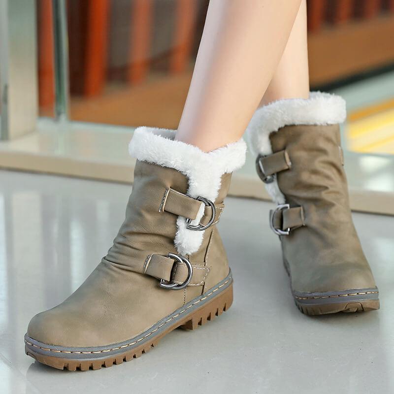 Winter Leather Buckle Low Chunky Heel Boots