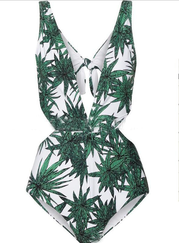 Fashion Leaves Print Spaghetti Strap One Piece Swimwear