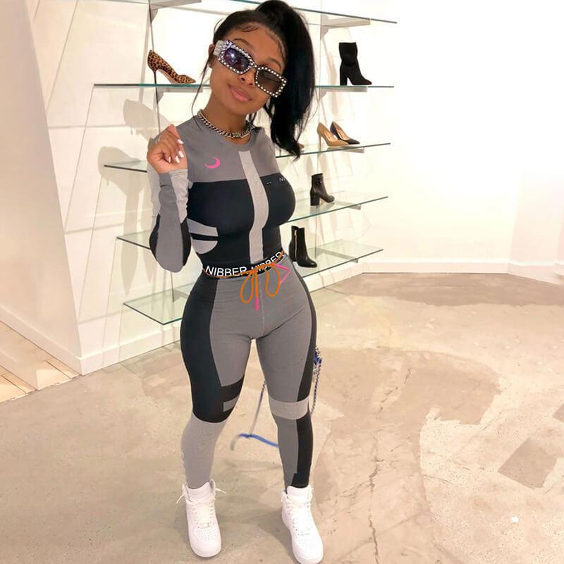 Sexy Color Block Long Sleeve High Waist Bodycon Skinny Two Pieces Set