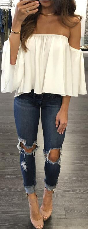Sexy Off Shoulder Long Sleeve Chiffon Loose Blouse