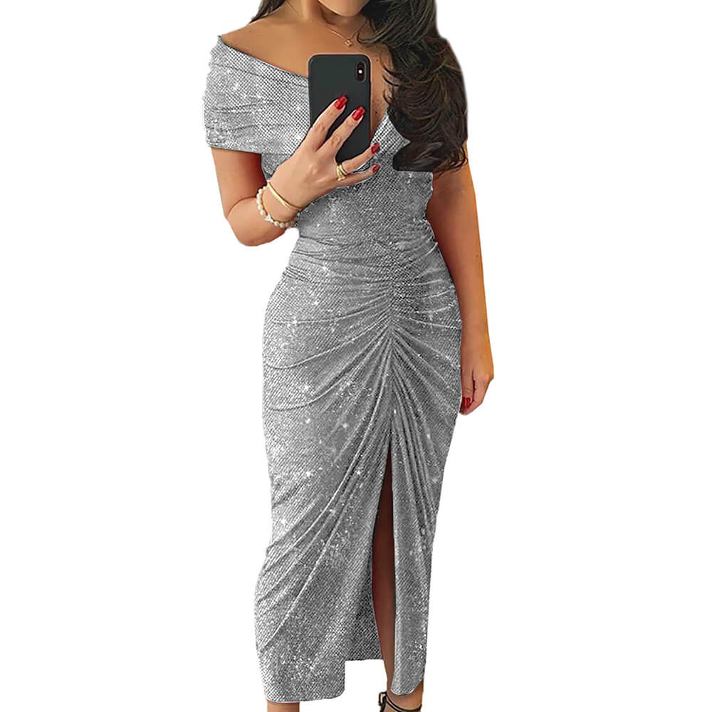 Off Shoulder Sequin Ruched Dress