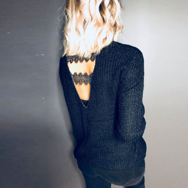 V-neck Hollowed Knitting Open Back Sweater
