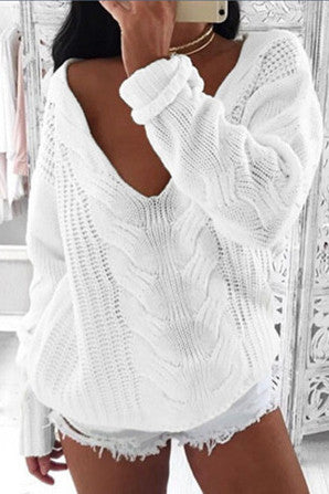Large V-neck Pure Color Long Sleeves Regular Sweater