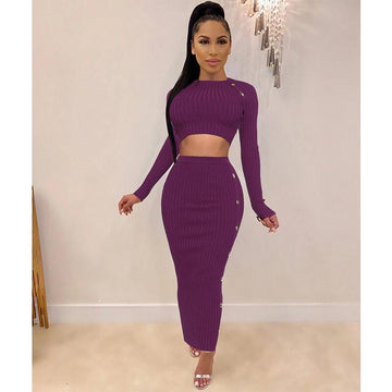 Long Sleeves Crop Top High Waist Calf Skirt Set