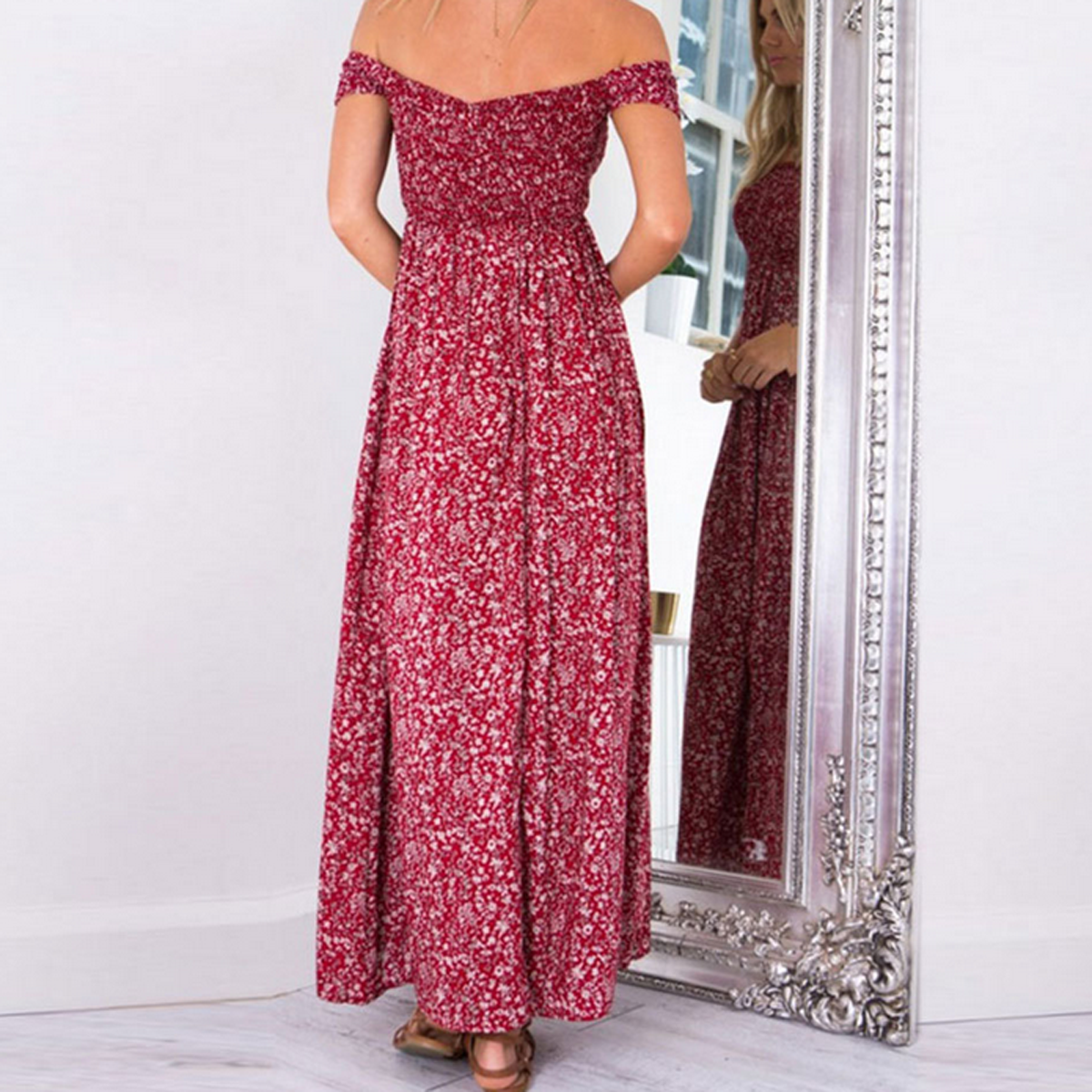 Off Shoulder Floral Print Split Long Dress