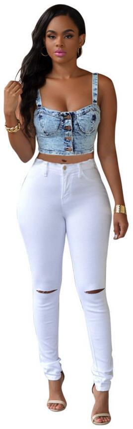 High Waist Elastic Pure Color Holes Slim Pants