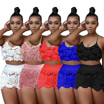 Spaghetti Straps V-neck Lace Crop Top with Patchwork Shorts Two Pieces Set