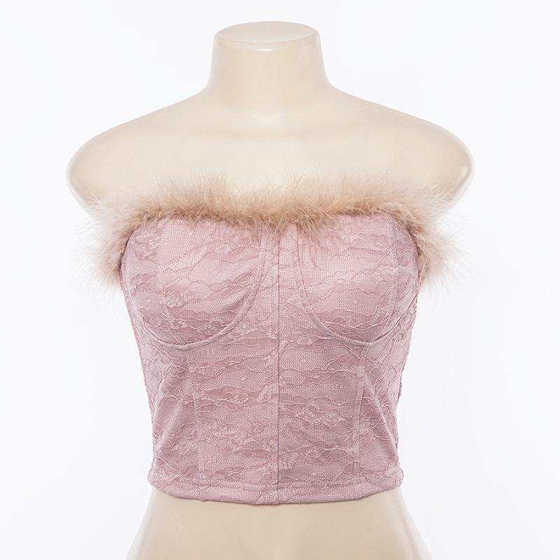 Strapless Pure Color Faux Fur Lace Sleeveless Short Crop Top